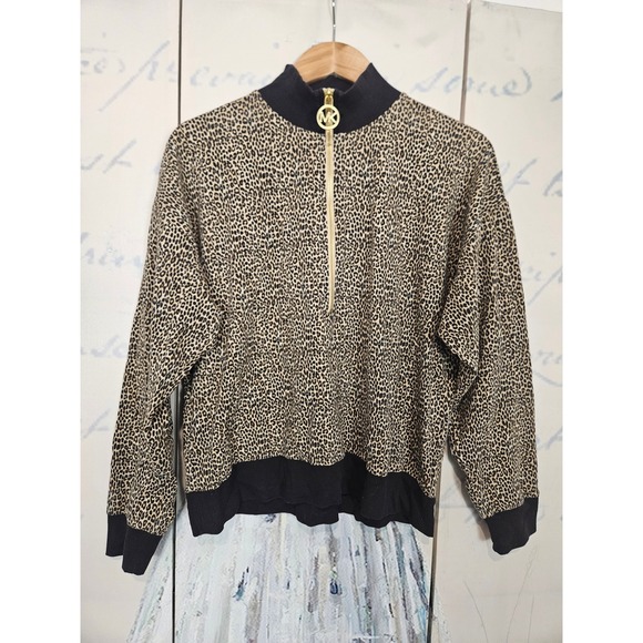 Michael Kors Tops - Michael Kors Quarter Zip Pullover Large Tan Leopard Print Mobwife Chic MK Logo
